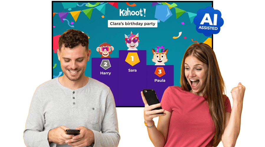 a man and woman with phones and a birthday kahoot on a screen in the background