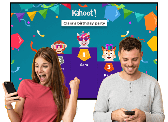 a man and woman with phones and a birthday kahoot on a screen in the background