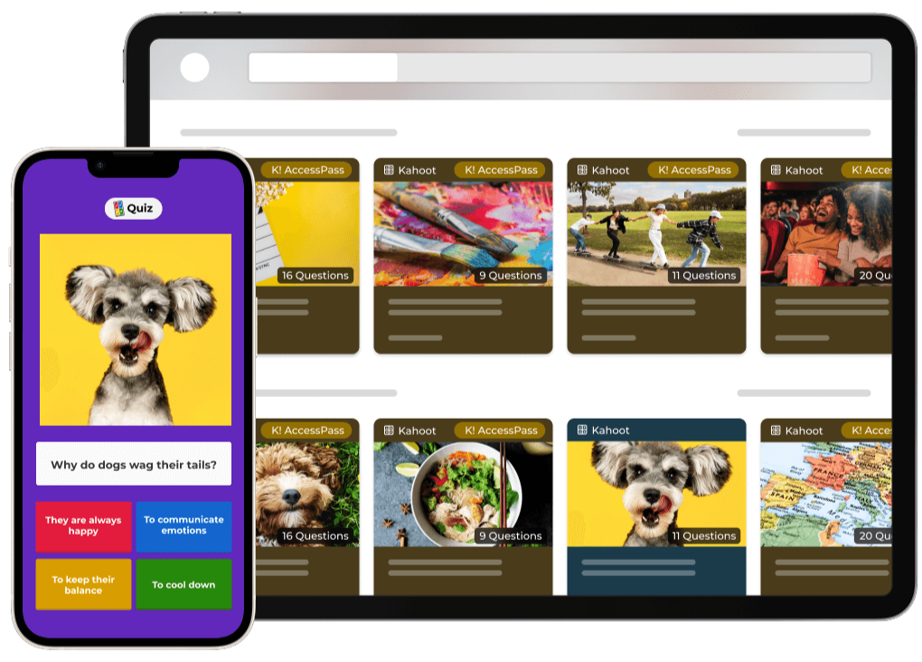 Phone and tablet screens with ready to play kahoots